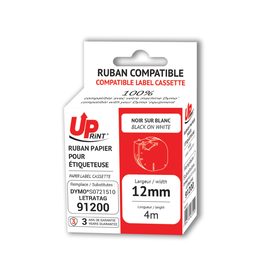Ruban Compatible Pour Dymo Letratag 12Mmx4M Papier Noir Sur Blanc